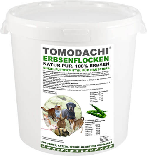 Tomodachi® Erbsenflocken sind ein reines Naturprodukt, ohne chemische Zusätze, reich an Protein und Spurenelementen, gut für das Immunsystem, den Stoffwechsel und die Verdauung bei BARFenden Hunden, gut für Katzen und optimal für Kleintiere und Nager-reine naturbelassene Erbsenflocken, gesundes Gemüse!