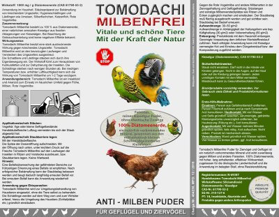 Milbenfrei, Antimilben Puder von Tomodachi gegen Milben, Läuse und Flöhe bei Zievögeln und Geflügel.
