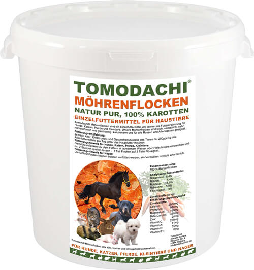 Tomodachi Möhrenflocken - reines Naturprodukt ohne Chemie - gesundes, vitaminreiches, kalorienarmes Ergänzungsfutter für Pferde, Hunde, Katzen und Nager - wertvolle Futterergänzung für unsere Haustiere, Natur Pur.