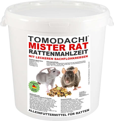 Rattenfutter, Hauptfutter Ratte von Tomodachi - artgerechtes, variationsreiches, hochwertiges Rattenfutter mit Bachflohkrebsen, die tierische Proteine in Spiel bringen. Tomodachi Mister Rat Rattenmahlzeit