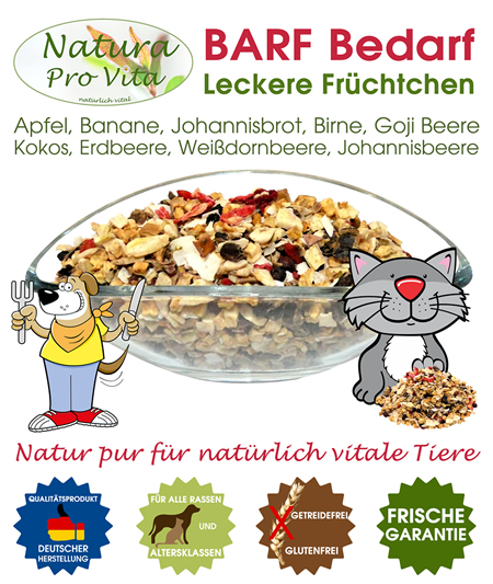 Natura Pro Vita Leckere Früchtchten - der gesunde Obstsnack für natürlich vitale Tiere.