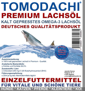 Tomodachi Premium Omega 3 Lachsöl - Naturprodukt, Qualität Made in Germany, für gesunde und schöne Tiere.