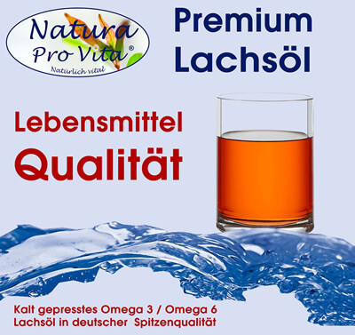 Kalt gepresstes Premium Lachsöl in Lebensmittelqualität, Omega 3 Lachsöl für gesundes Fell, gegen Leberprobleme, Nierenprobleme, Stoffwechselprobleme bei Hund, Katze und Pferd.