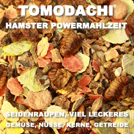 Tomodachi Komplettnahrung für Hamster mit leckeren, proteinreichen Seidenraupen, Erbsenflocken, Möhrenflocken, Getreide, Körnern und Saaten - gesundes und beliebtes Futter für den Hamster von Tomodachi!
