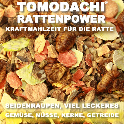 Tomodachi Komplettnahrung für die Ratte mit leckeren, proteinreichen Seidenraupen, Erbsenflocken, Möhrenflocken, Getreide, Körnern und Saaten - gesundes und beliebtes Futter für Ratten von Tomodachi!